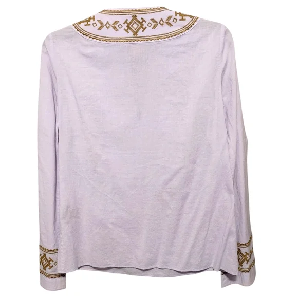 Tory Burch Lilac Purple Embroidered Gold Long Sleeve Cotton Blouse Women Size 4 - Picture 2 of 7